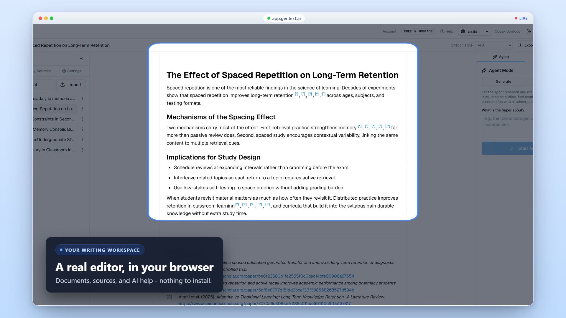 GenText web app editor with the document on the left and real peer-reviewed citations being inserted
